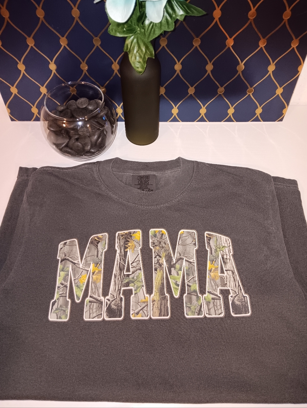 MAMA Graphic Tee - Charcoal with Camo Floral Fill